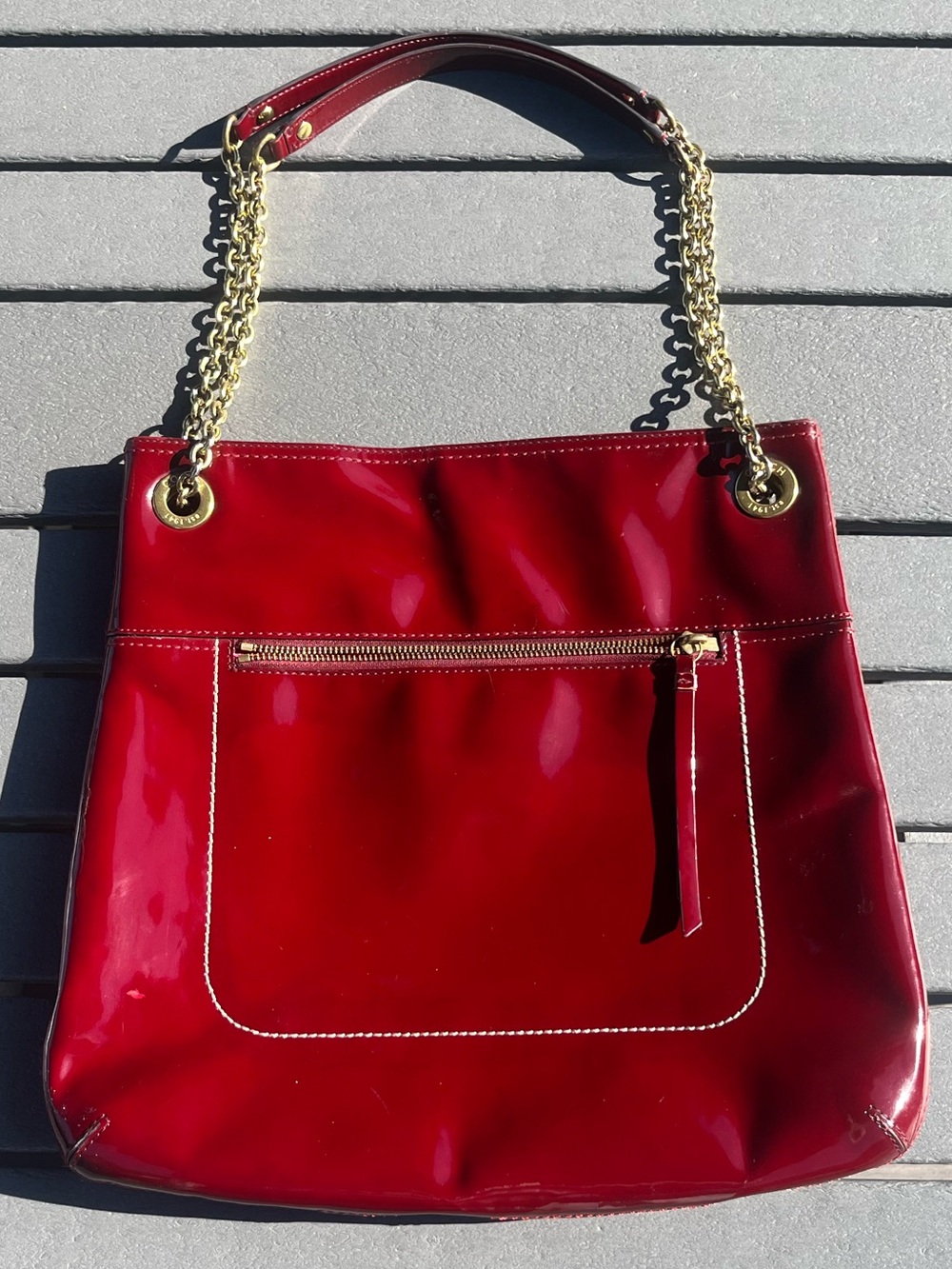 Coach Poppy; Cherry Wine; Patent Leather; Slim Convertible Tote; Gold Tone Chain